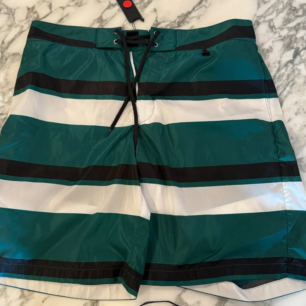 PRADA UB334 Men's Green Boxer Baiadera Nylon Striped Swim Suit Sz. 50- 34